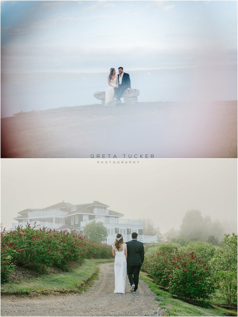 A couple walking on a foggy beach and garden path.