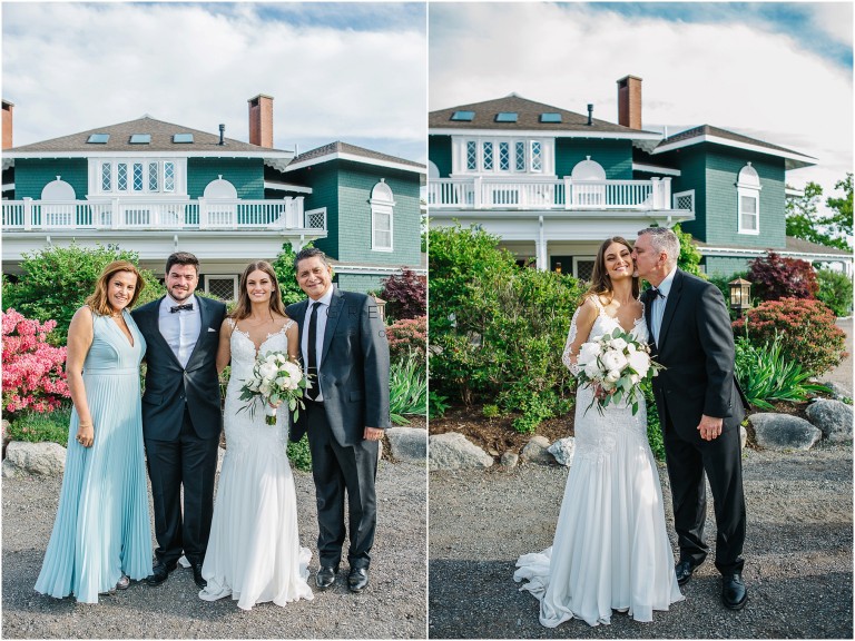A bride and groom pose with two men outside a house on a sunny day.